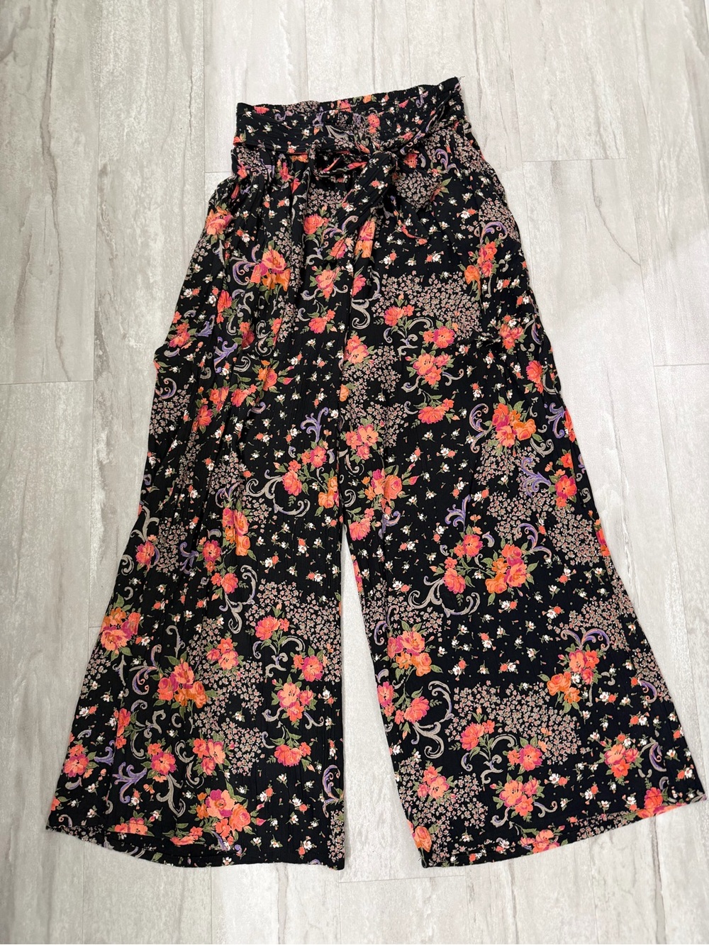 Angie Black Floral Smocked Waist Wide-Leg Pants